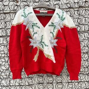 Vintage Dana Scott cream silver red snowflake Christmas v neck sweater LARGE